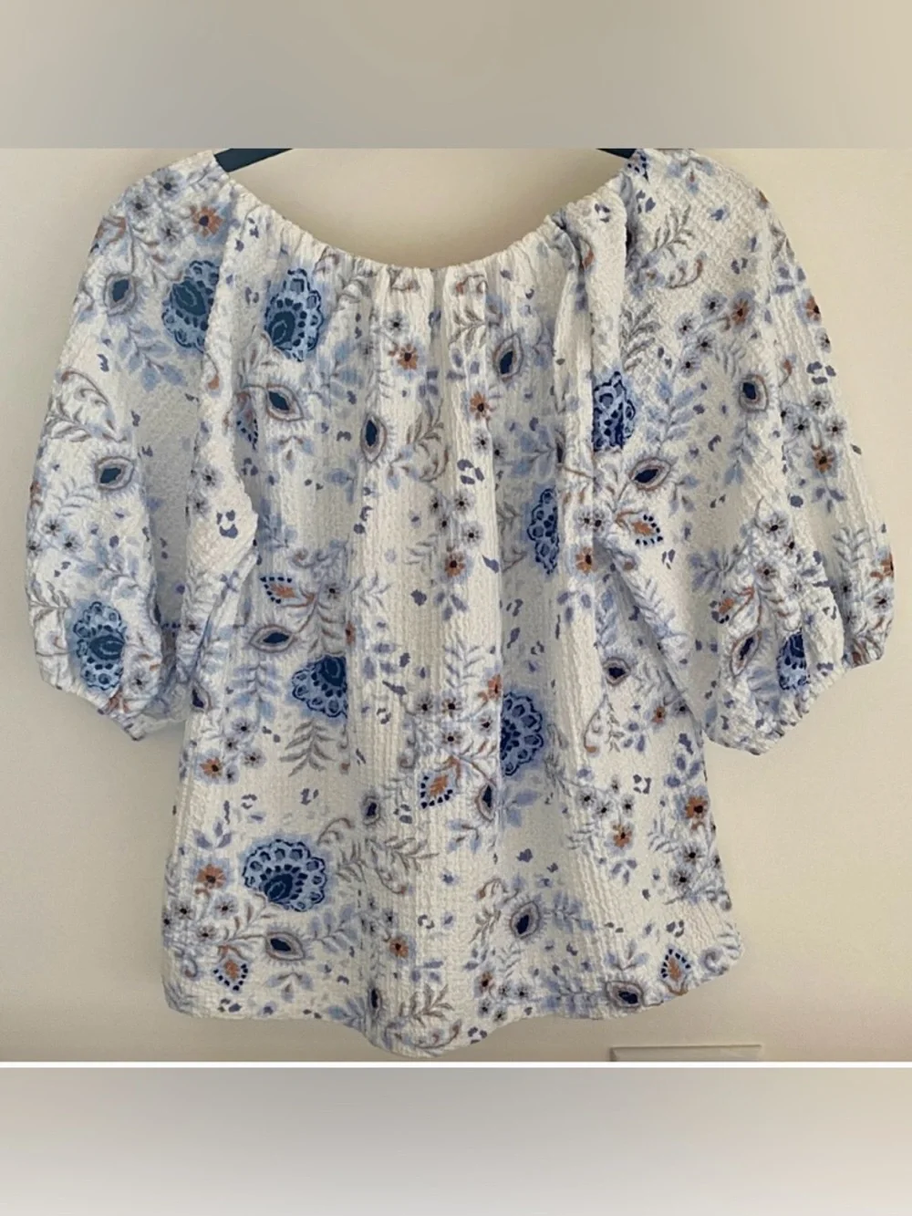 LOFT Blue Floral Peasant Blouse Puff Sleeve Textured Boho Top Size S